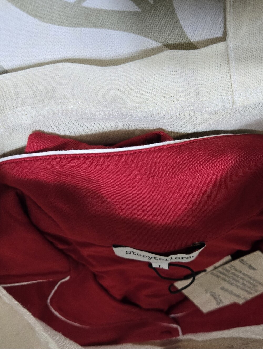 Storyteller Size L 2-pc L/Sleeve Red Pajama Set, White Piping, Quote Tote Bag - Picture 7 of 11